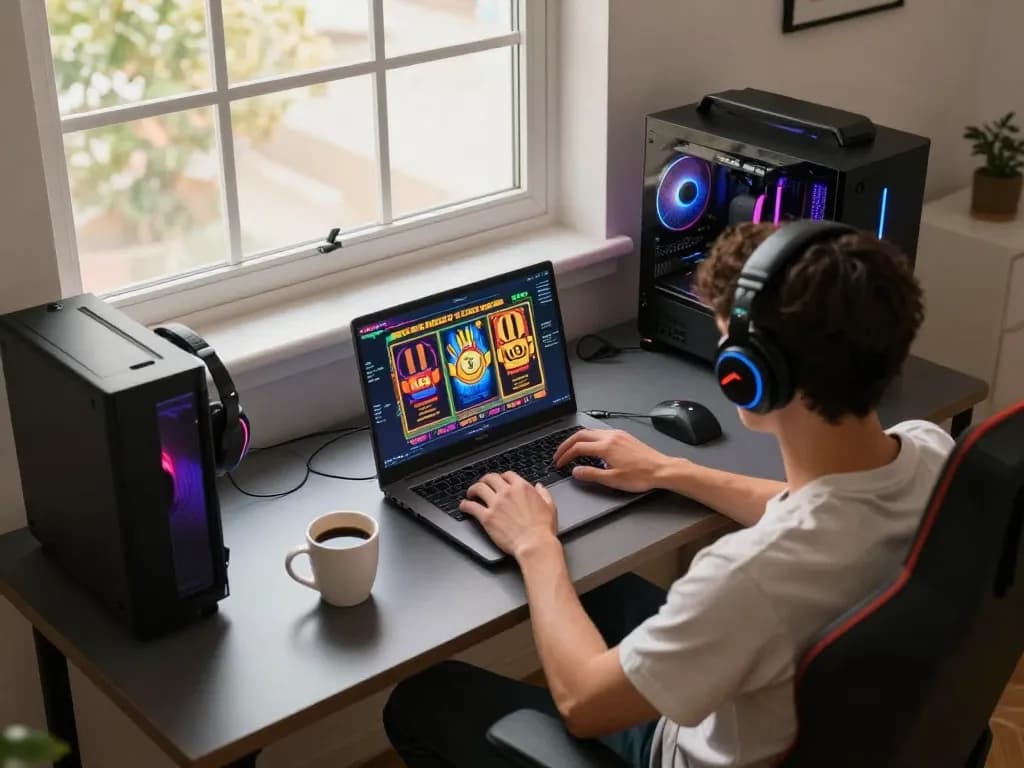 Engaging player enjoying W69 online slots in a modern gaming setup at home.