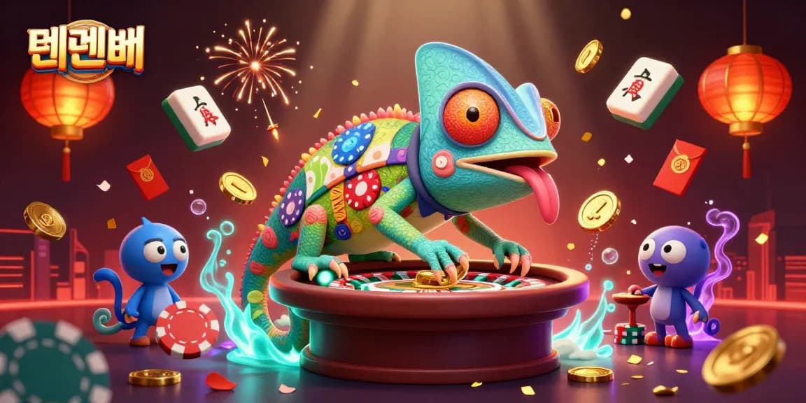 Experience the dynamic and colorful gameplay of 텐텐벳 with chameleon-themed characters amidst vibrant casino decor.