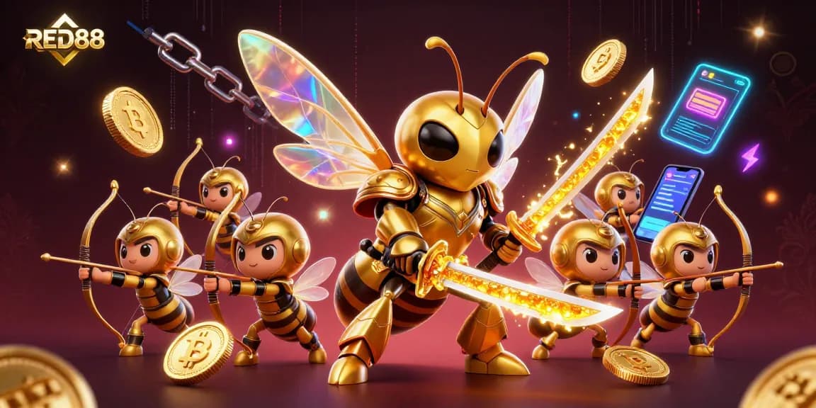 Engage with RED88’s thrilling slots in a vibrant, cartoonish 3D casino landscape full of colors.