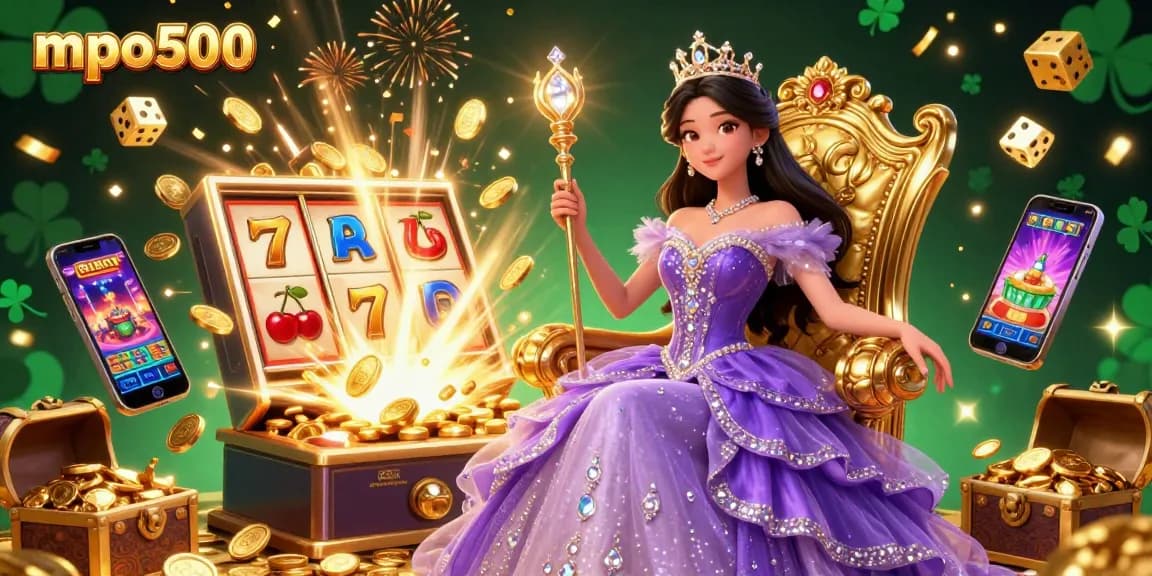 MPO500 captures thrilling casino action with a beautiful princess, slot machine jackpots, and dazzling gold.