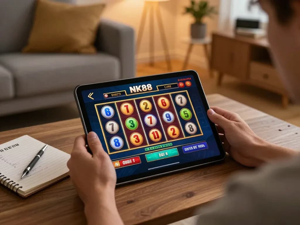Using the NK88 link on a tablet for exciting online slots with cozy home decor