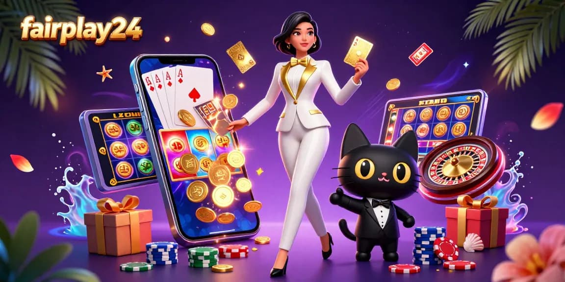 Engage in thrilling gaming with fairplay24, showcasing vibrant casino elements and dynamic 3D characters.