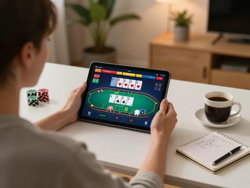 Luck8 player engaging in an online poker game from home, showcasing strategy and comfort