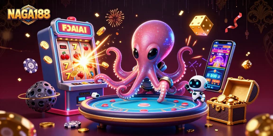 NAGA188 - Menghadirkan keseruan permainan kasino dengan alien dan mesin slot megah dalam ilustrasi digital