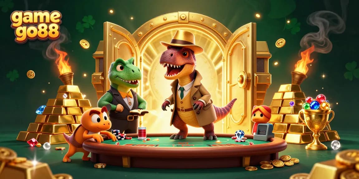 Engage in game go88 excitement with a velociraptor at the blackjack table, surrounded by treasures.