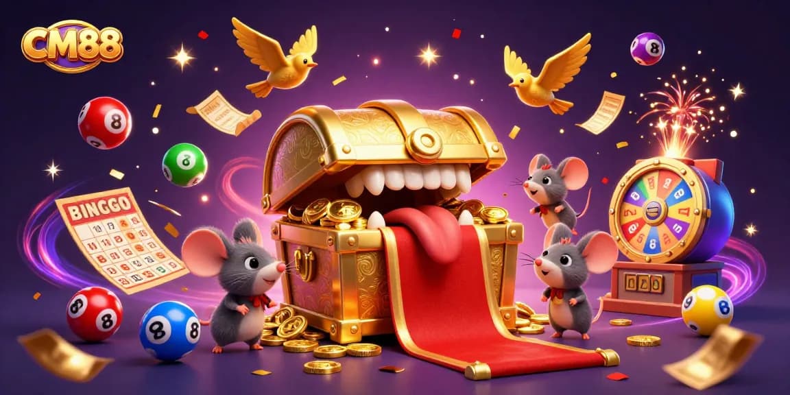 Engage with CM88's vibrant gaming world featuring lively lottery elements and adventurous treasure chests.