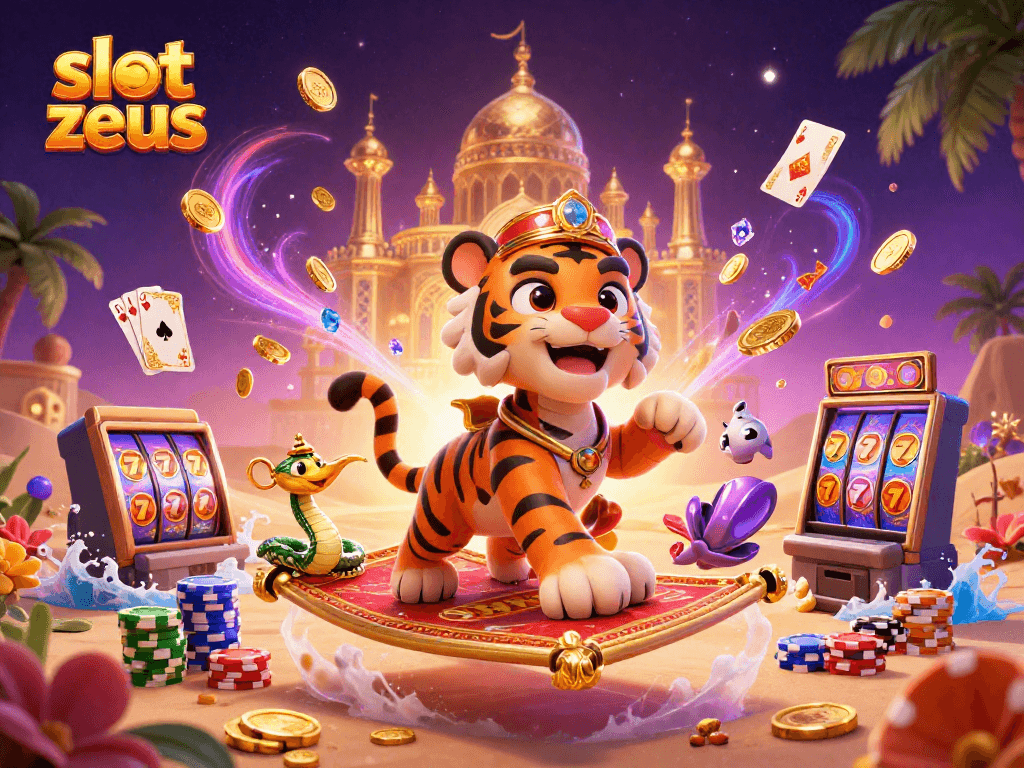 Experience the excitement of slot zeus with a vibrant, colorful 3D casino scene showcasing jackpot elements and magical characters.