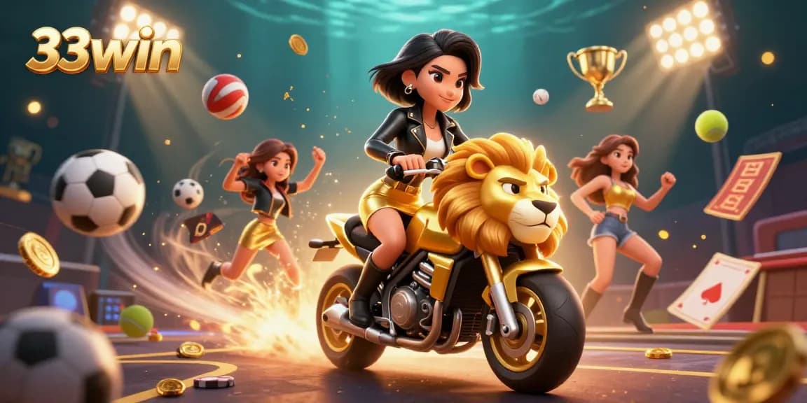 Experience the excitement of 33win with a glamorous ride on a golden lion mascot, showcasing thrilling games and rewards.
