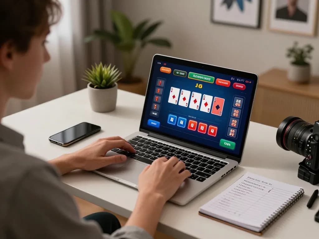 Player exploring Tg88 link for online poker strategy in a trendy home gaming setup.
