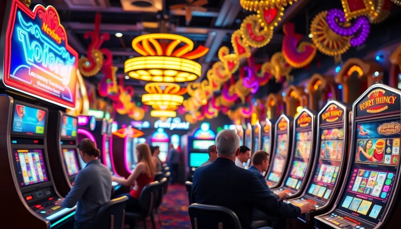 Menampilkan SLOT365 LINK ALTERNATIF dalam suasana kasino yang ramai dengan slot machines yang berwarna-warni.