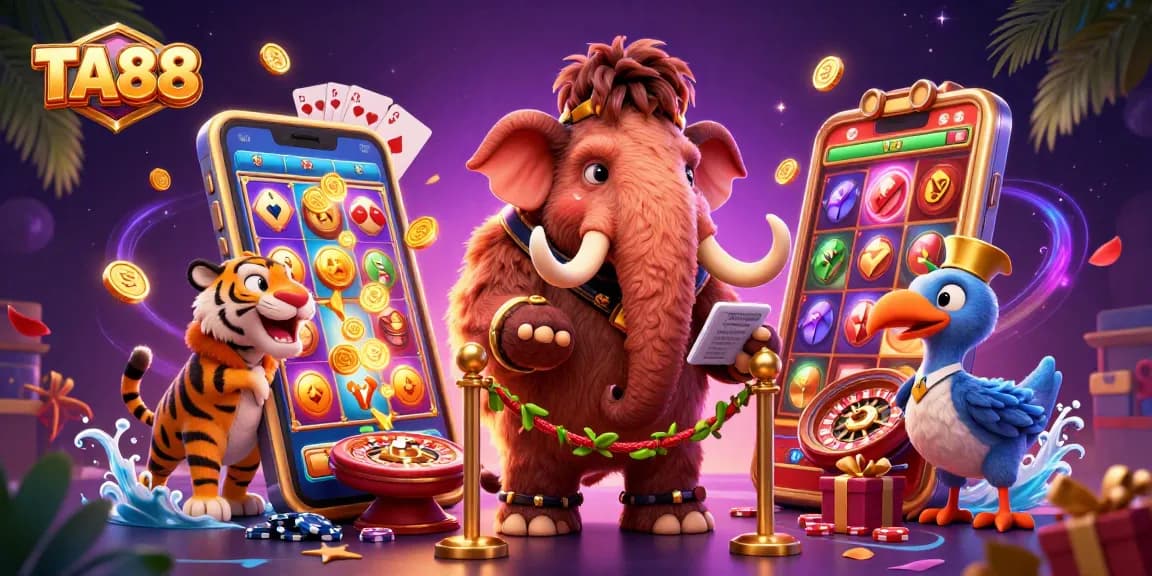 TA88 features a cartoon mammoth checking IDs as golden coins and slot games fly around.