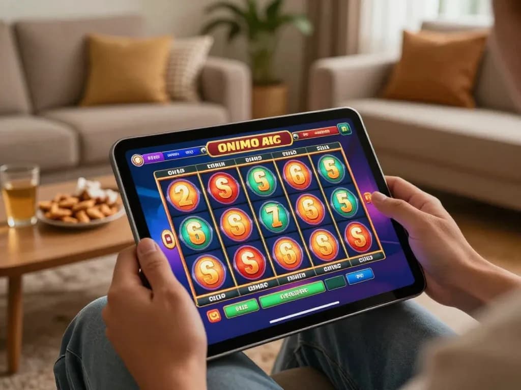Berinteraksi dengan Slot Demo di tablet di rumah, menampilkan gulungan berputar yang cerah dan gameplay yang dinamis.