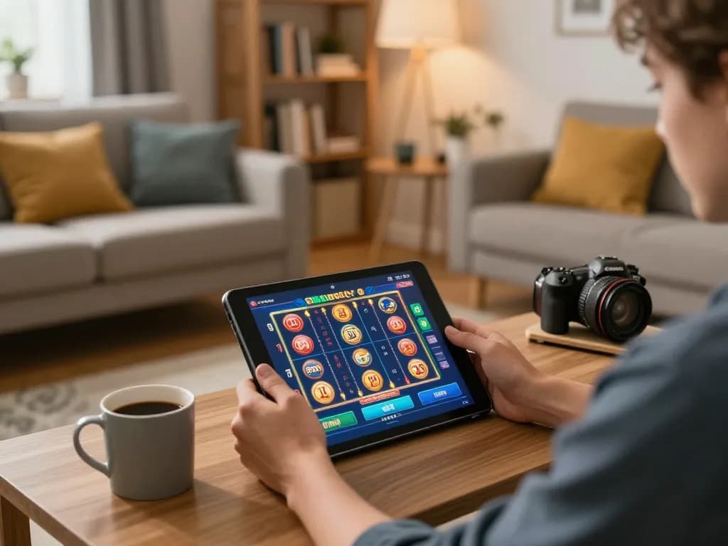 Player enjoying slots not on gamstop on a tablet in a cozy home setting