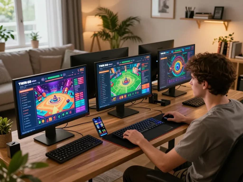 TWIN68 online gaming experience with vibrant casino interface on laptop and smartphone in cozy atmosphere
