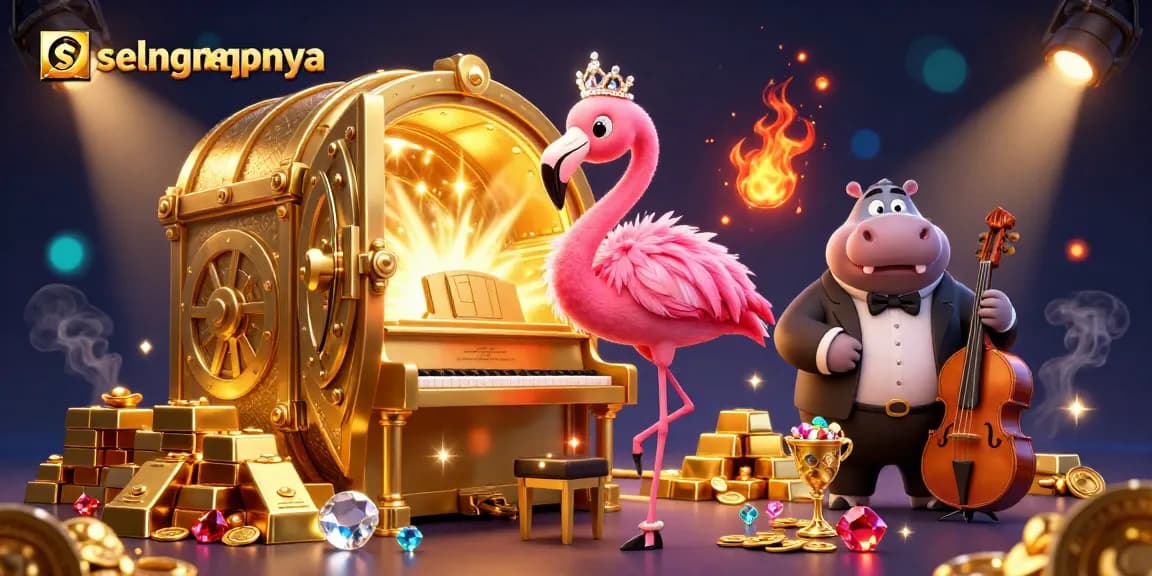 Enjoy selengkapnya in this vibrant casino scene featuring a singing flamingo and bass playing hippo.