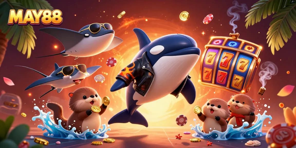 MAY88 slots scene with an orca, stingray, and sea otters celebrating with golden coins and vibrant game elements.