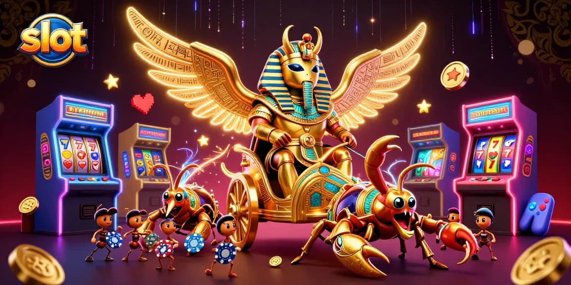 Slot gacor menampilkan karakter skarab kuno dan kendaraan dengan simbol slot, menciptakan suasana kasino yang energik.