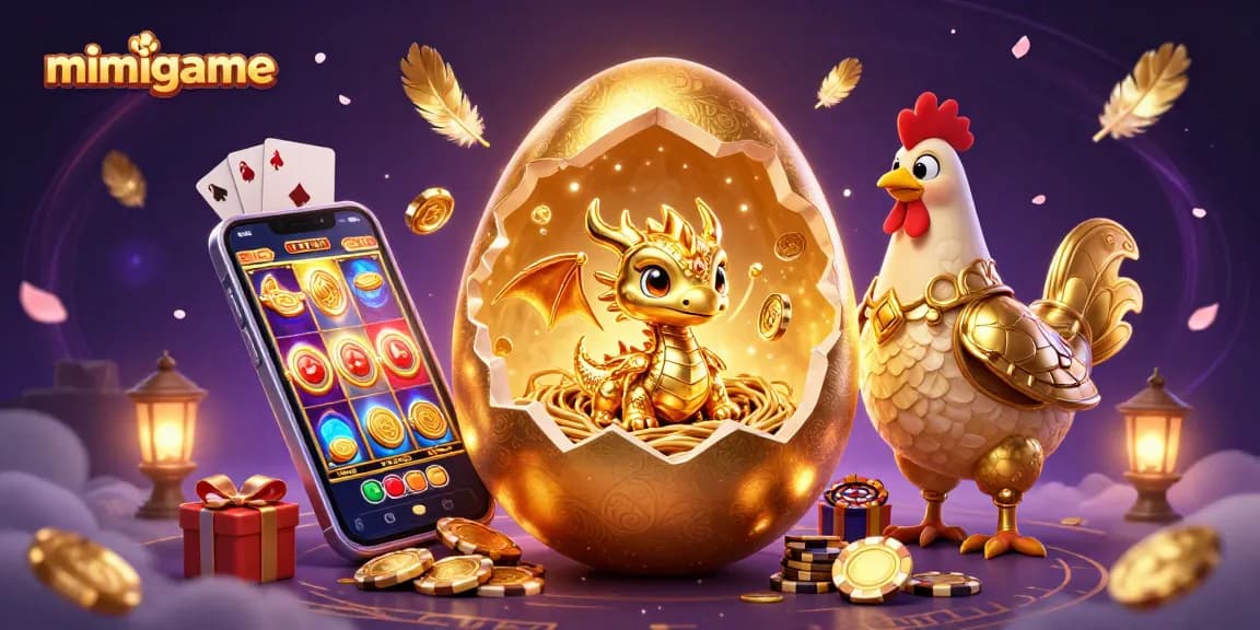 Experience thrilling gaming with mimigame's golden dragon and casino elements in a vibrant 3D scene.