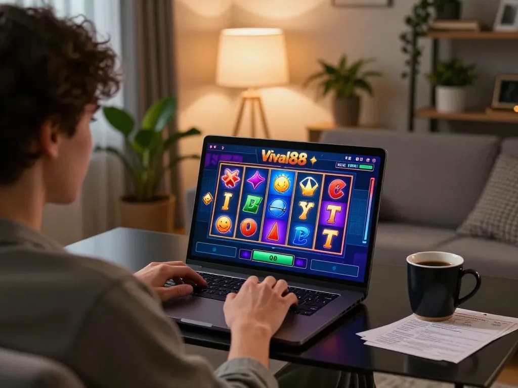 Engaged player spinning reels on viral88 slot game at home, showcasing a cozy gaming atmosphere.