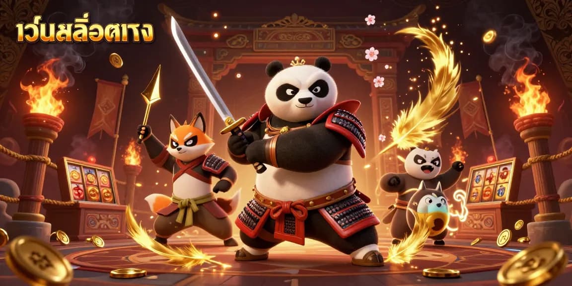 Engage in เว็บสล็อตตรง action with a dynamic 3D illustration of samurai panda and ninja fox.