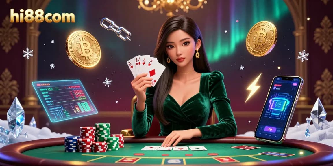 Play poker at hi88com with a stunning Asian woman, surrounded by crypto elements and casino atmosphere.