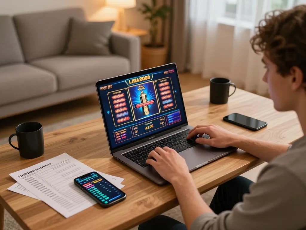 LIGA2000 slot gameplay on a laptop highlighting strategic gaming decisions in a cozy home environment.