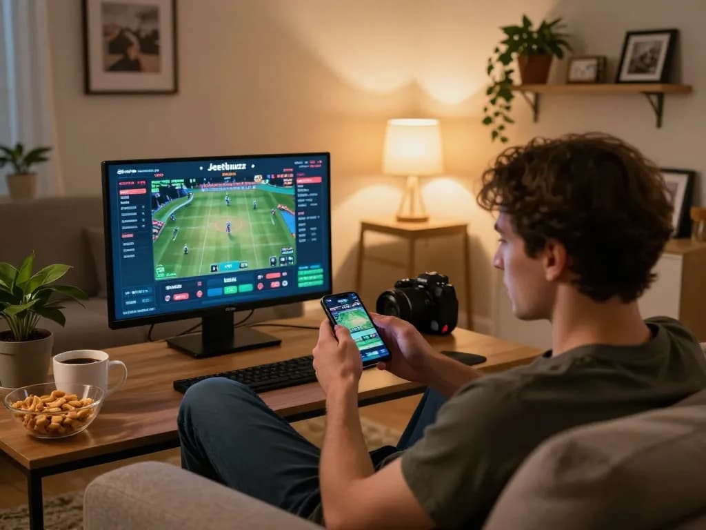 Engaged player using Jeetbuzz betting app on smartphone in cozy home setting with warm lighting