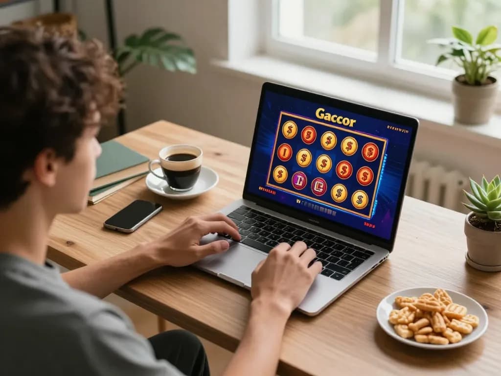 Player enjoying slot gacor games on laptop in a cozy home setup with snacks and coffee.