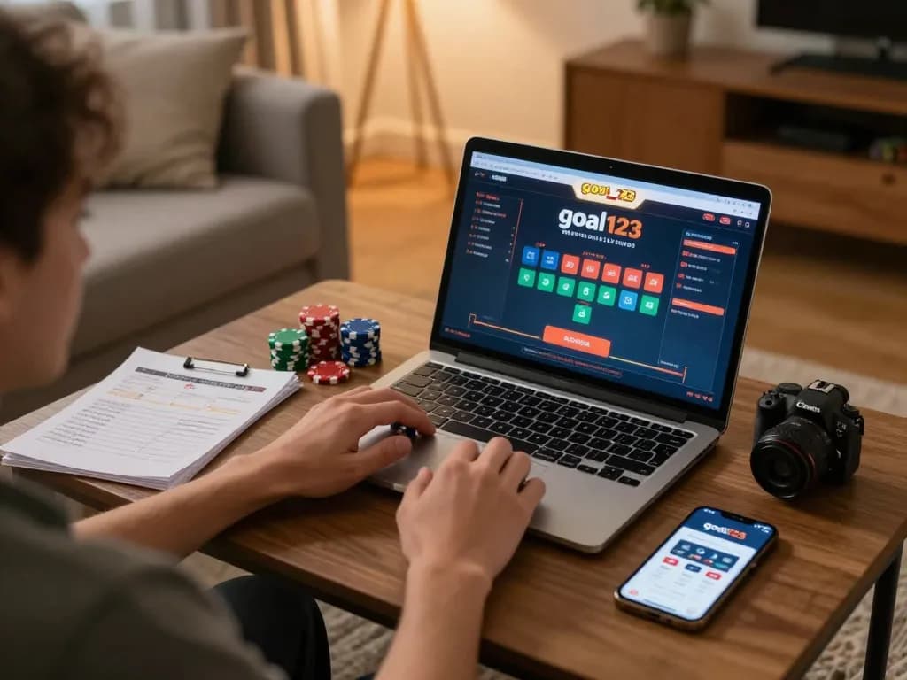 Engaging moment of a player strategizing at home with goal123 casino on the laptop, showcasing a focused gaming atmosphere.