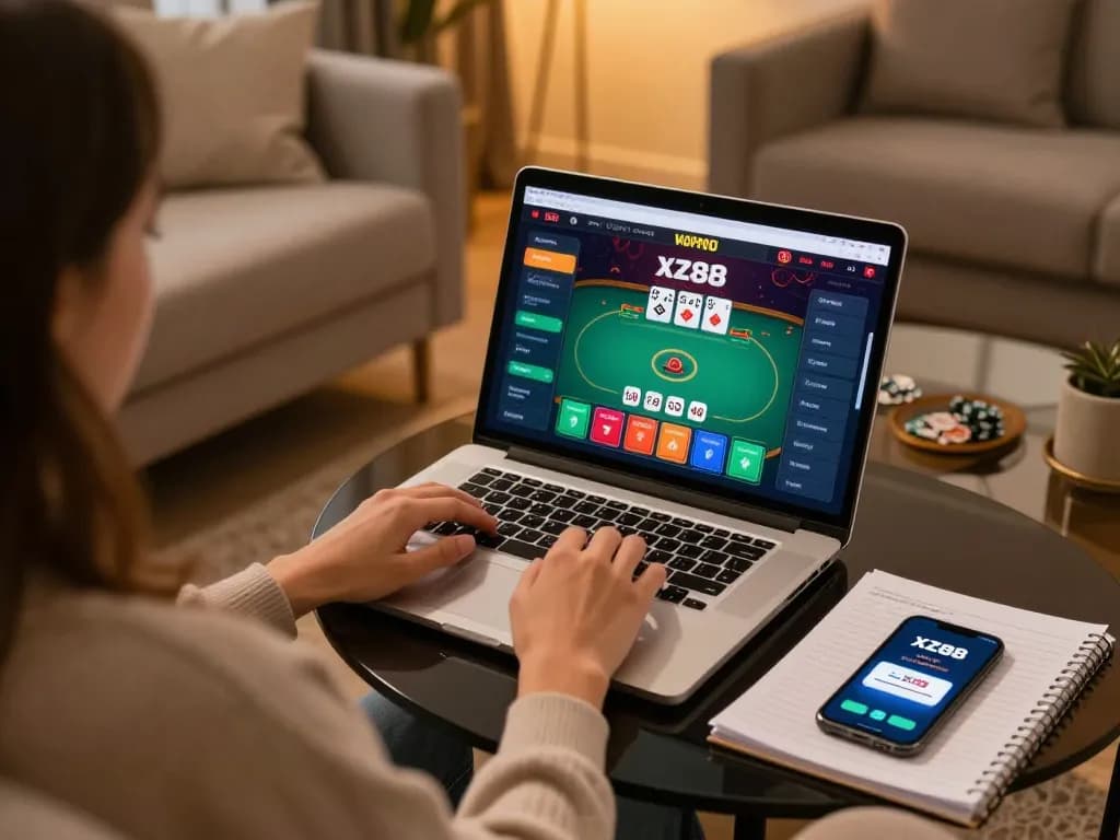 xz88 online casino gaming on laptop, showcasing engaging poker interface and personal atmosphere.