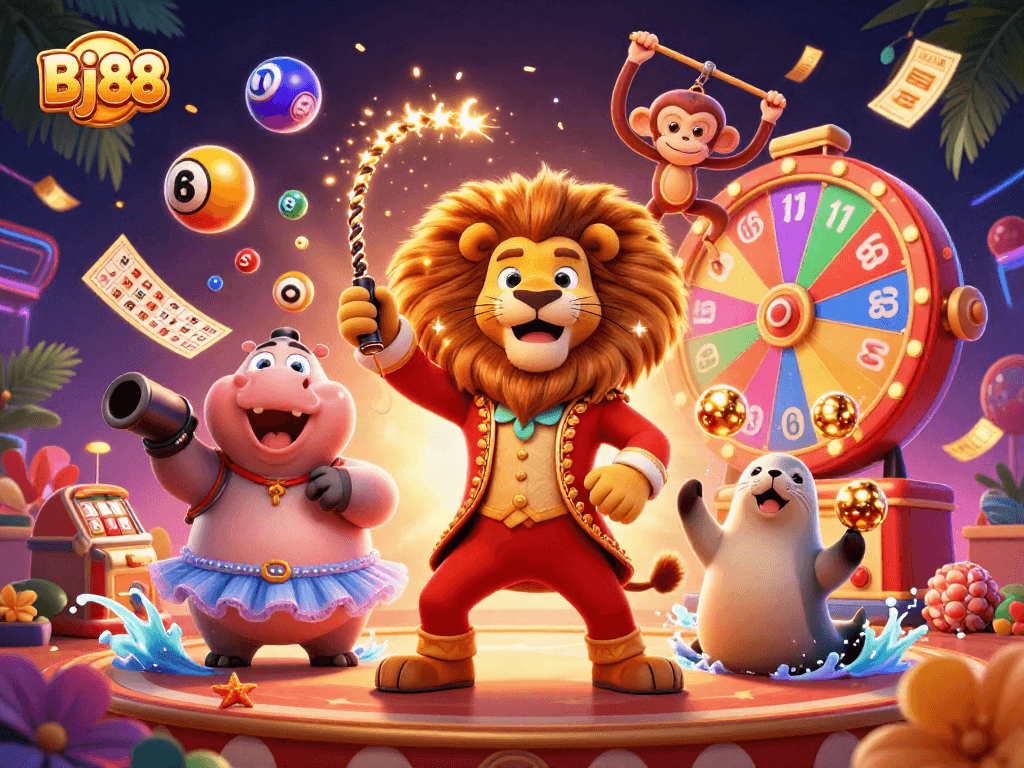 Bj88 captivates players with a vibrant circus scene featuring a ringmaster lion and casino elements.