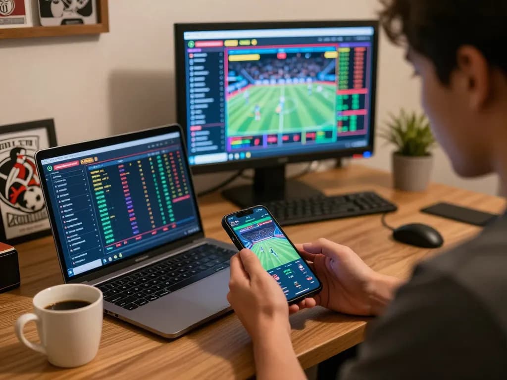 Engaging with Qh88 link on a smartphone for live sports betting in a cozy home setting