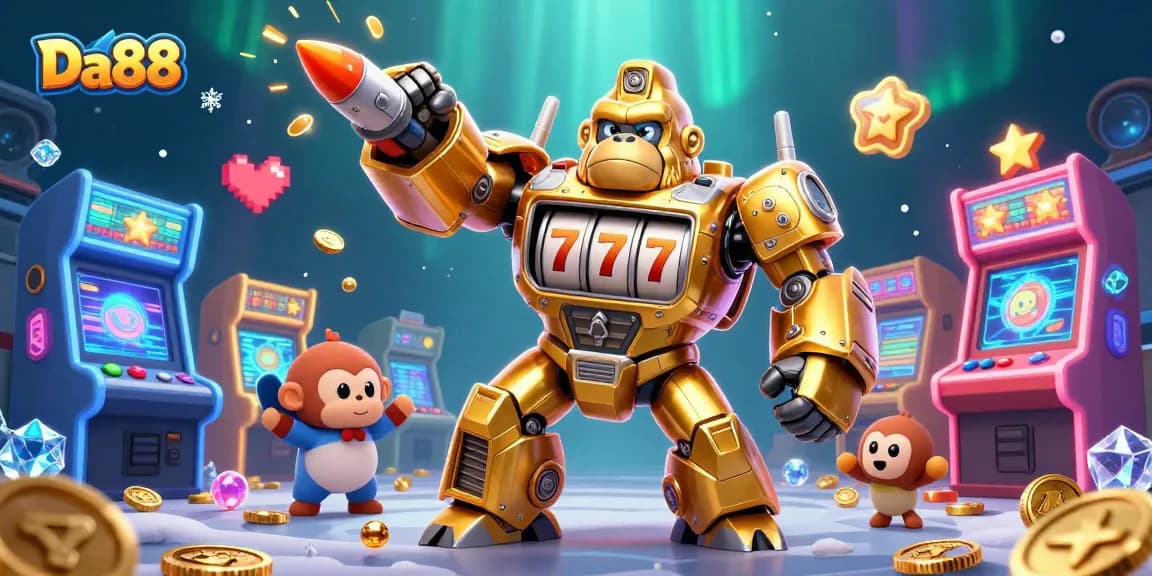 Engage with Da88's thrilling gaming adventure featuring a golden gorilla mech amidst casino elements.