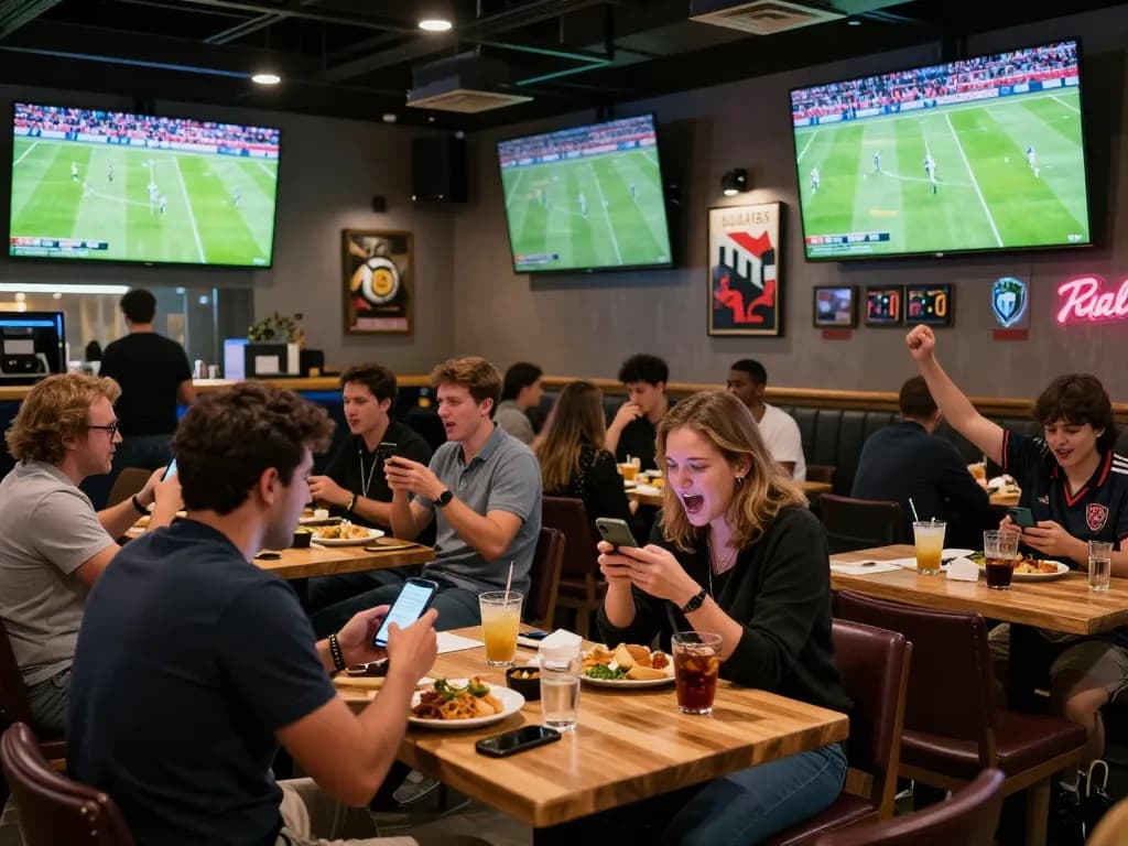 Patrons engaging in tỷ lệ bóng đá kèo nhà cái at a sports bar, using smartphones to place bets.