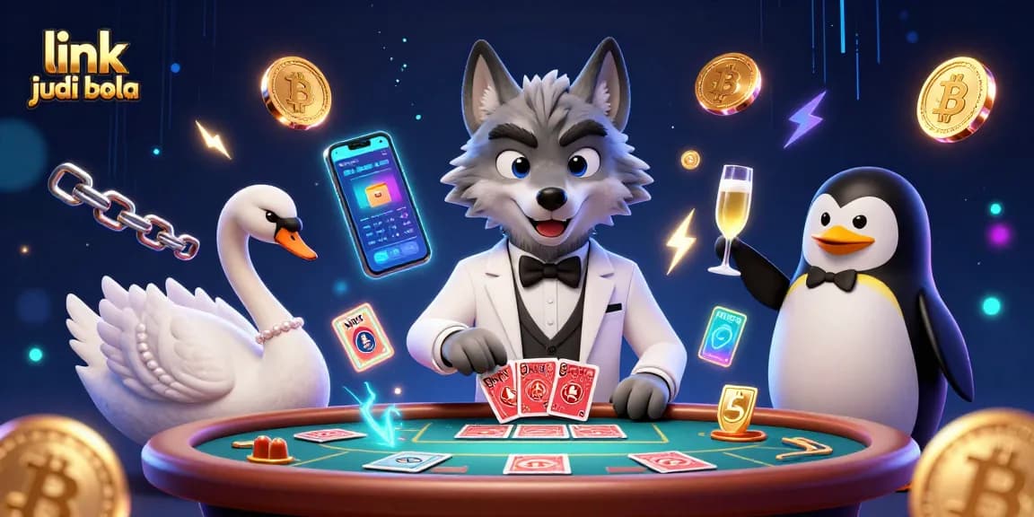 Engage with link judi bola through a vibrant 3D casino scene featuring a wolf, swan, and penguin.