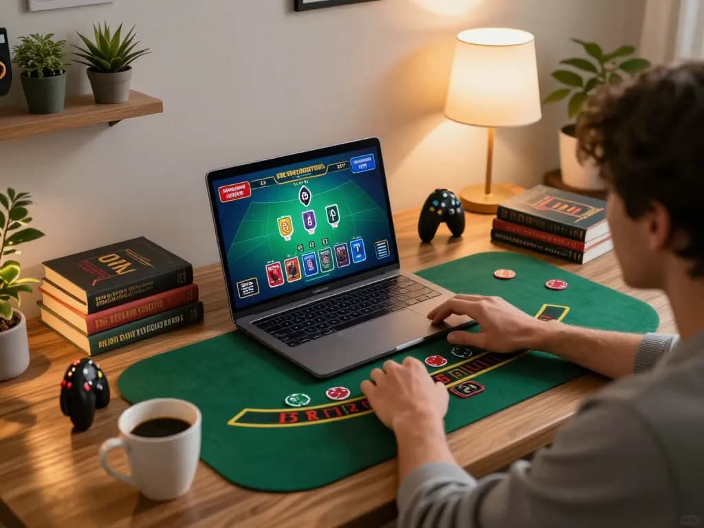 Experience the thrill of bk8 blackjack with a cozy home gaming setup, showcasing strategic gameplay.