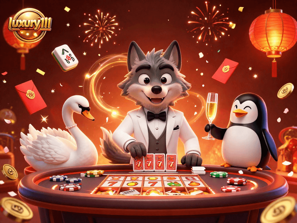 Experience luxury111 with vibrant 3D casino illustration showcasing rich gaming elements and joyful characters.