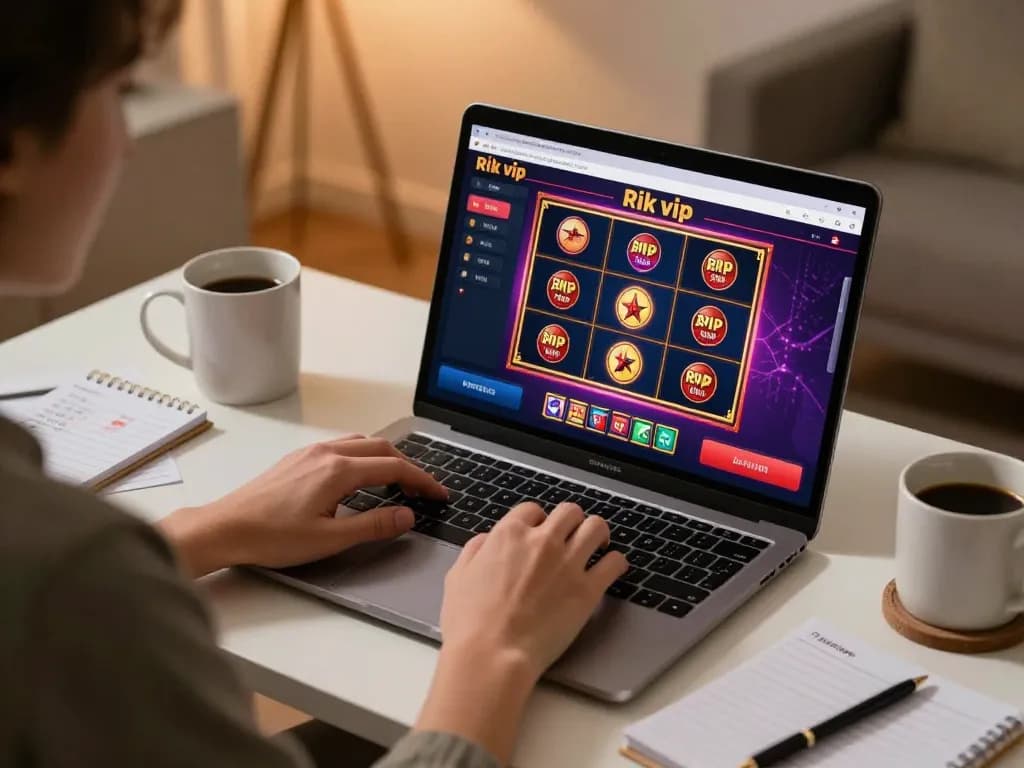 Engaging with rik vip on a laptop, showcasing casino games in a cozy home setting.