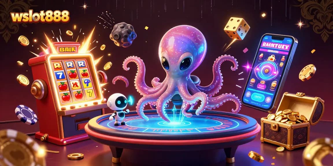 Permainan wslot888 dengan alien kartun dan robot menyenangkan, menampilkan taruhan dan jackpot.