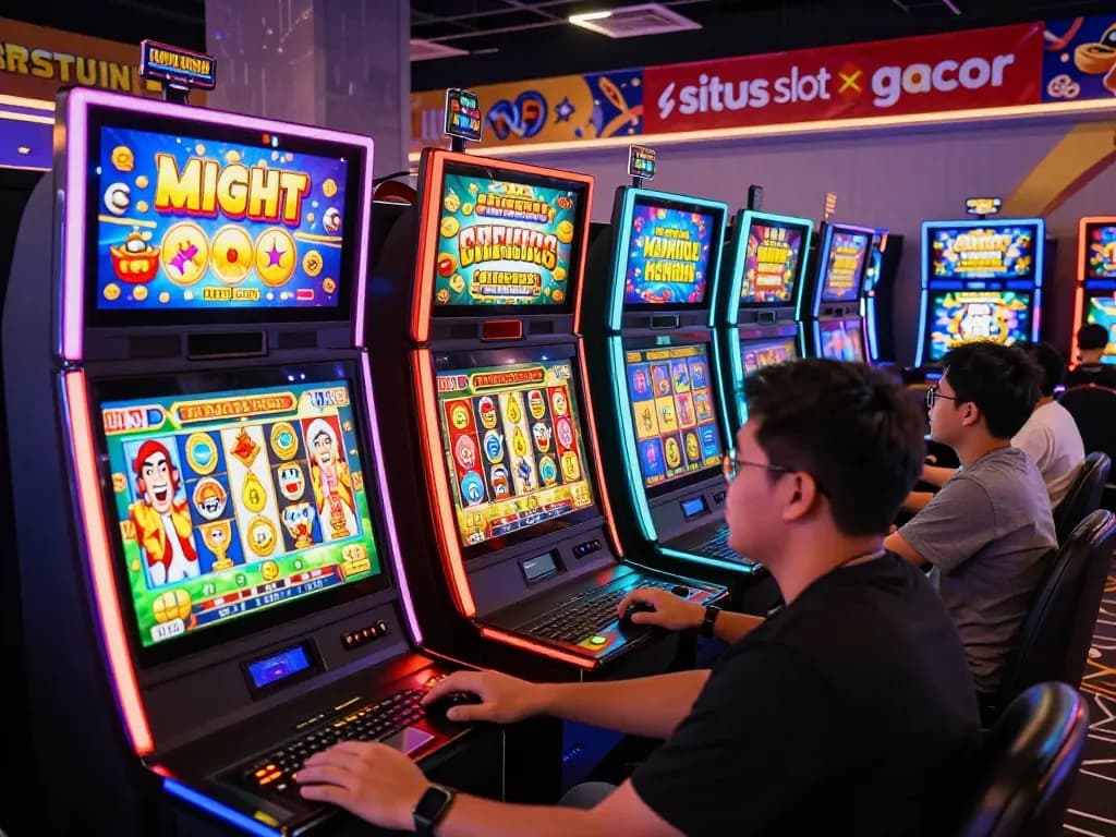 Situs slot gacor players enjoying thrilling gaming experience with vibrant machines and joyful atmosphere.