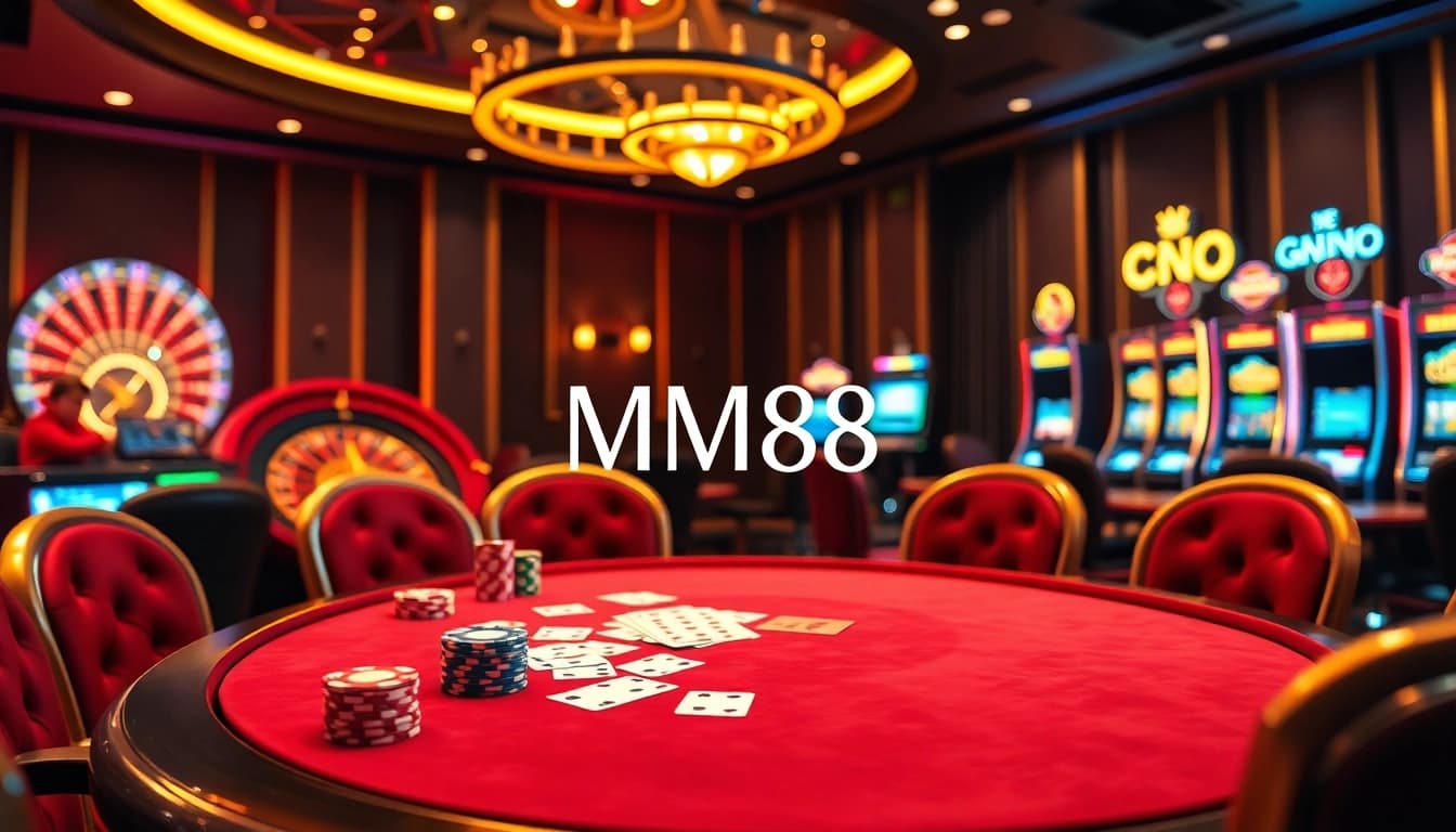Exciting casino experience with MM88 poker table and vibrant gaming elements.
