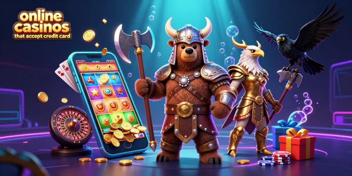 Experience thrilling gameplay at online casinos that accept credit card with a dynamic 3D illustration of casino action.