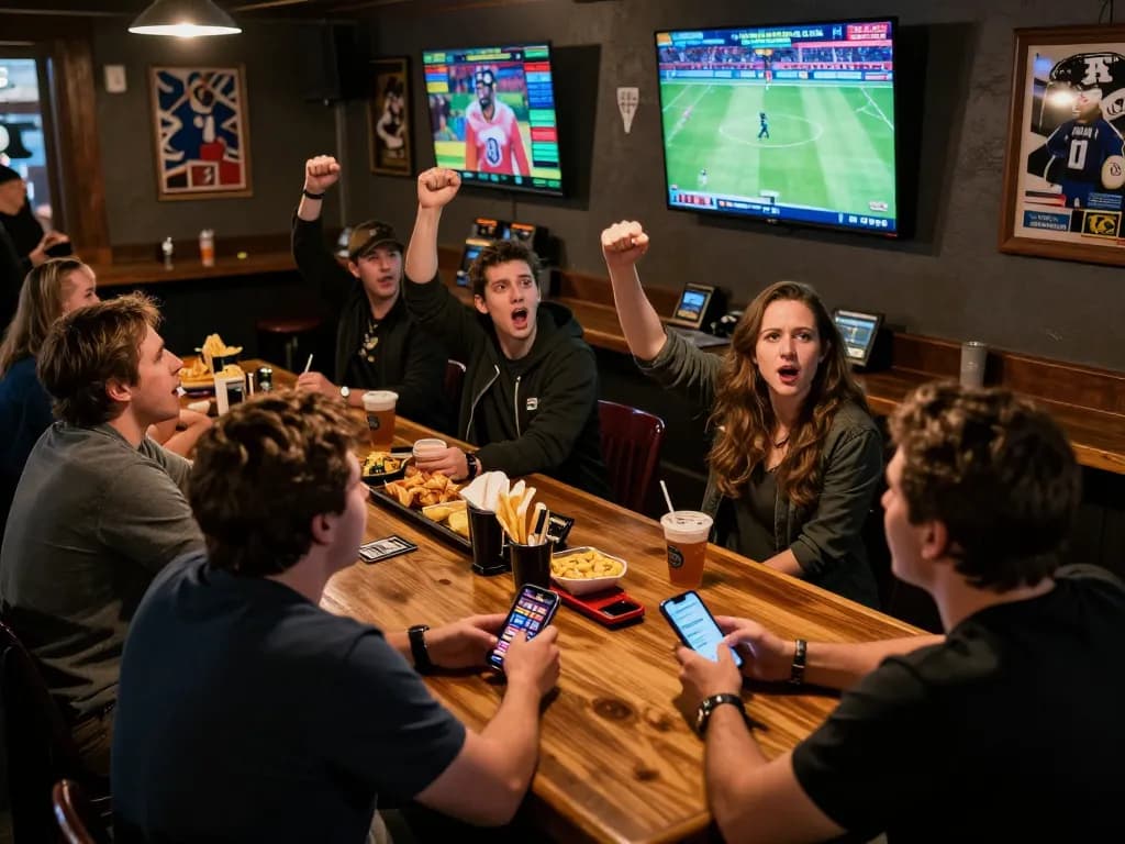 VN789 betting enthusiasts engaging in live sports betting while celebrating events at a lively bar