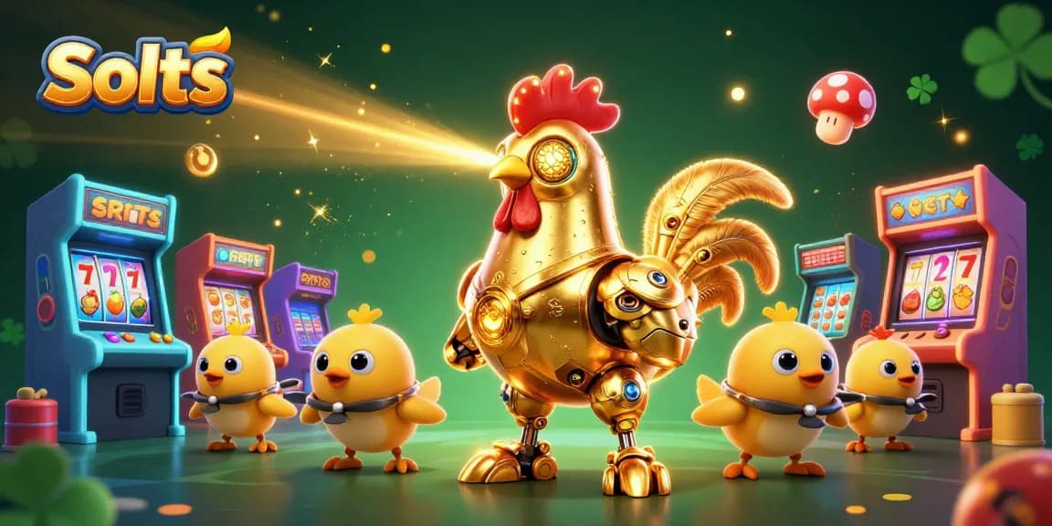 Spin the reels with Slots featuring a golden rooster robot amidst 3D arcade game elements!
