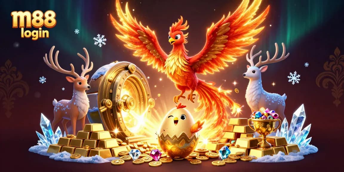 Experience thrilling m88 login sessions with vibrant 3D phoenix graphics and treasures in the casino world.