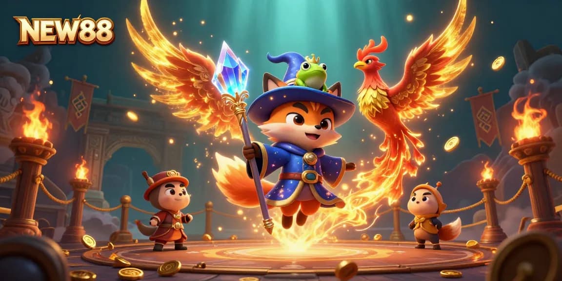 Experience the thrill of winning at NEW88 casino with a vibrant 3D illustration of mystical characters and gaming elements.