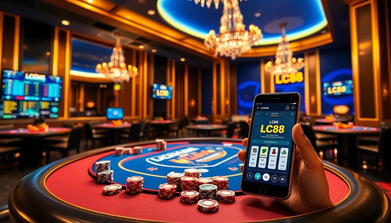 Engaging casino environment featuring LC88 branding with players at a blackjack table
