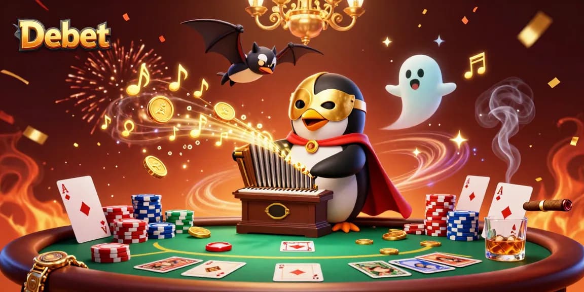 Engage with Debet as a 3D cartoon penguin orchestrates a dazzling casino scene, showcasing immersive poker elements.
