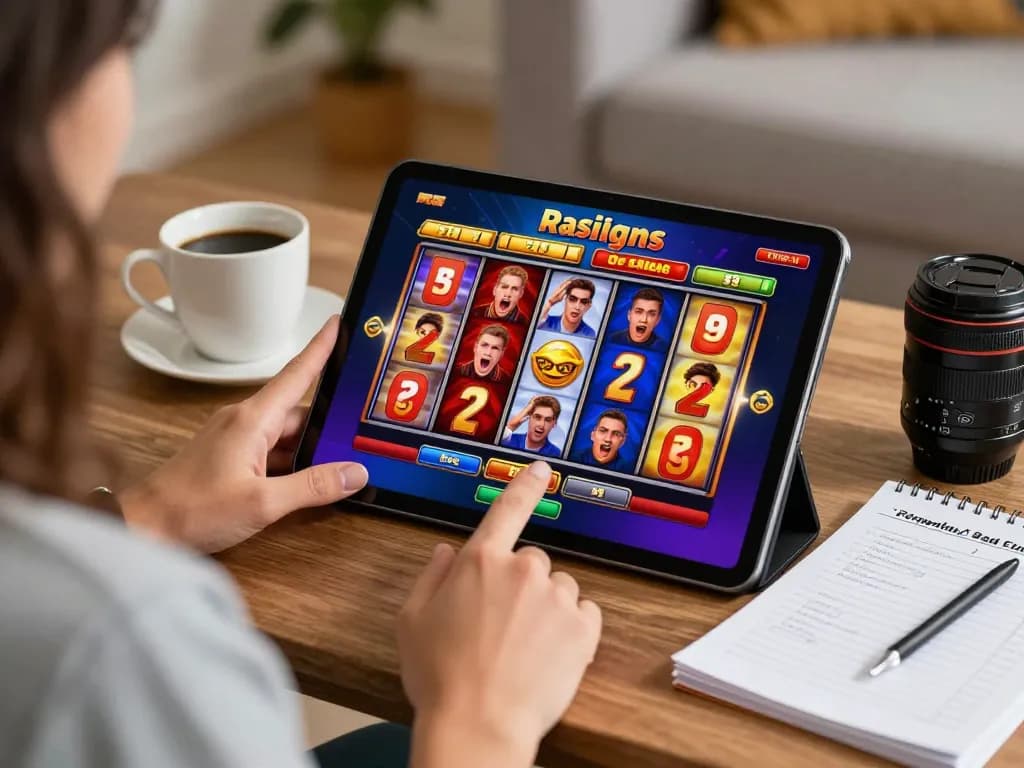 KONG88 player enjoying online slots game on tablet in cozy home setting, highlighting responsible gambling.