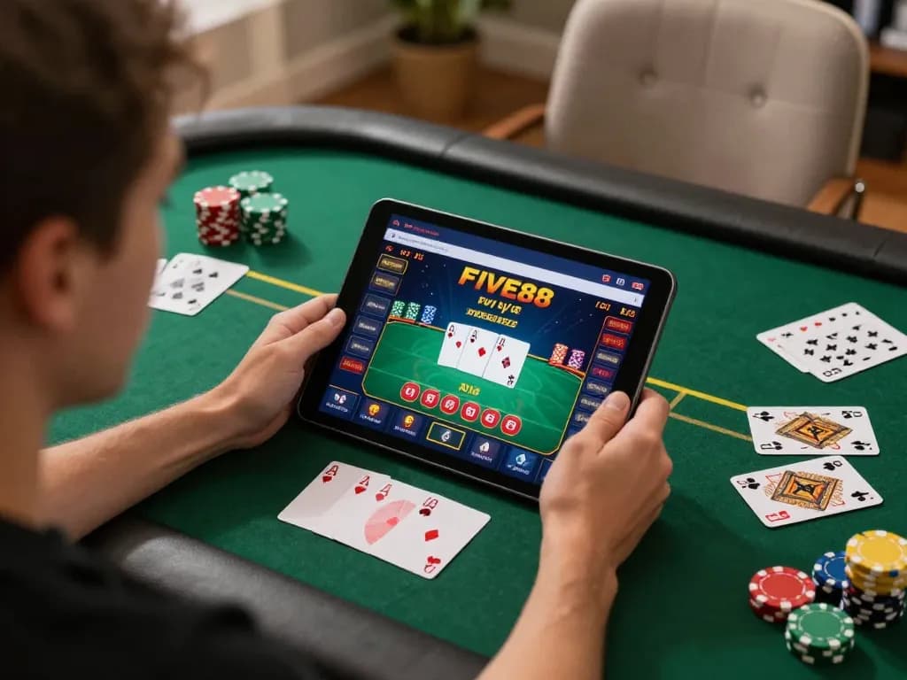 Players engaging strategically in the FIVE88 online poker game, showcasing an immersive home gaming environment.